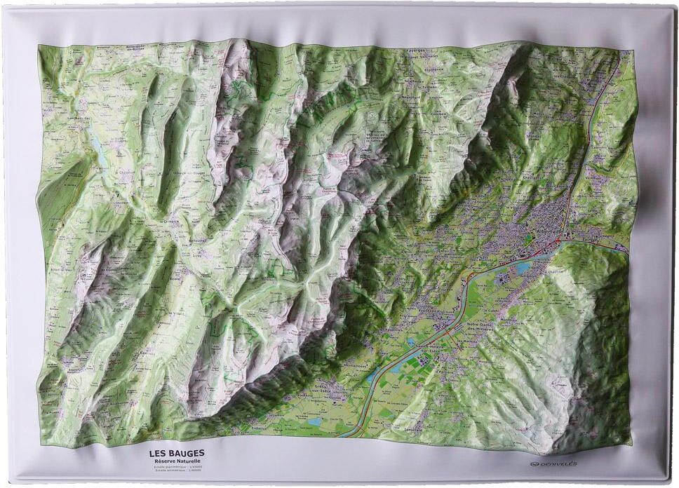 Deniveles  - Pack Carte 3D Massif Des Bauges + Cadre 50x70 cm Black - Carte 3D