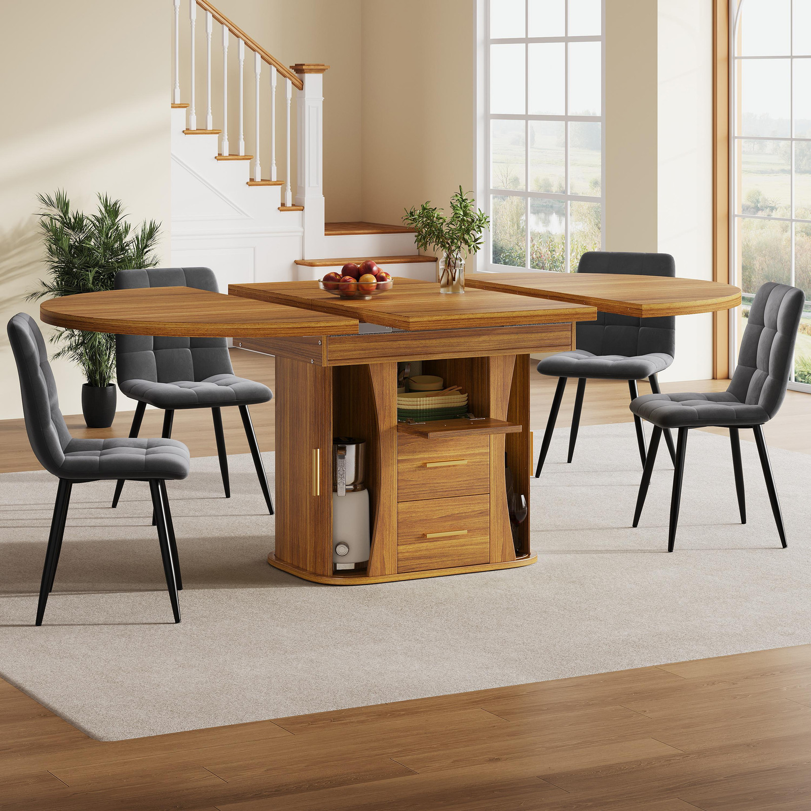 MODFU Eettafel met uitschuifbaar ovaal blad en drievoudige opbergruimte, Notenhout