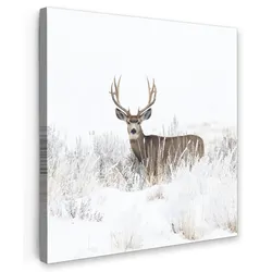 LEINWANDBILD Hirsche - Winter - Schnee - Tiere - Jahreszeiten - Weiß Wandbild Wohnzimmer 50x50 cm