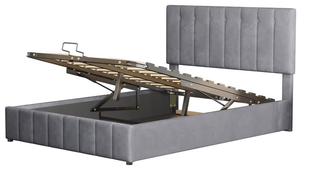 Gepolstertes Doppelbett - 140 x 200 cm - Hydraulischer Bettkasten - Verstellbares Kopfteil - Hautfreundlicher Samt - Grau