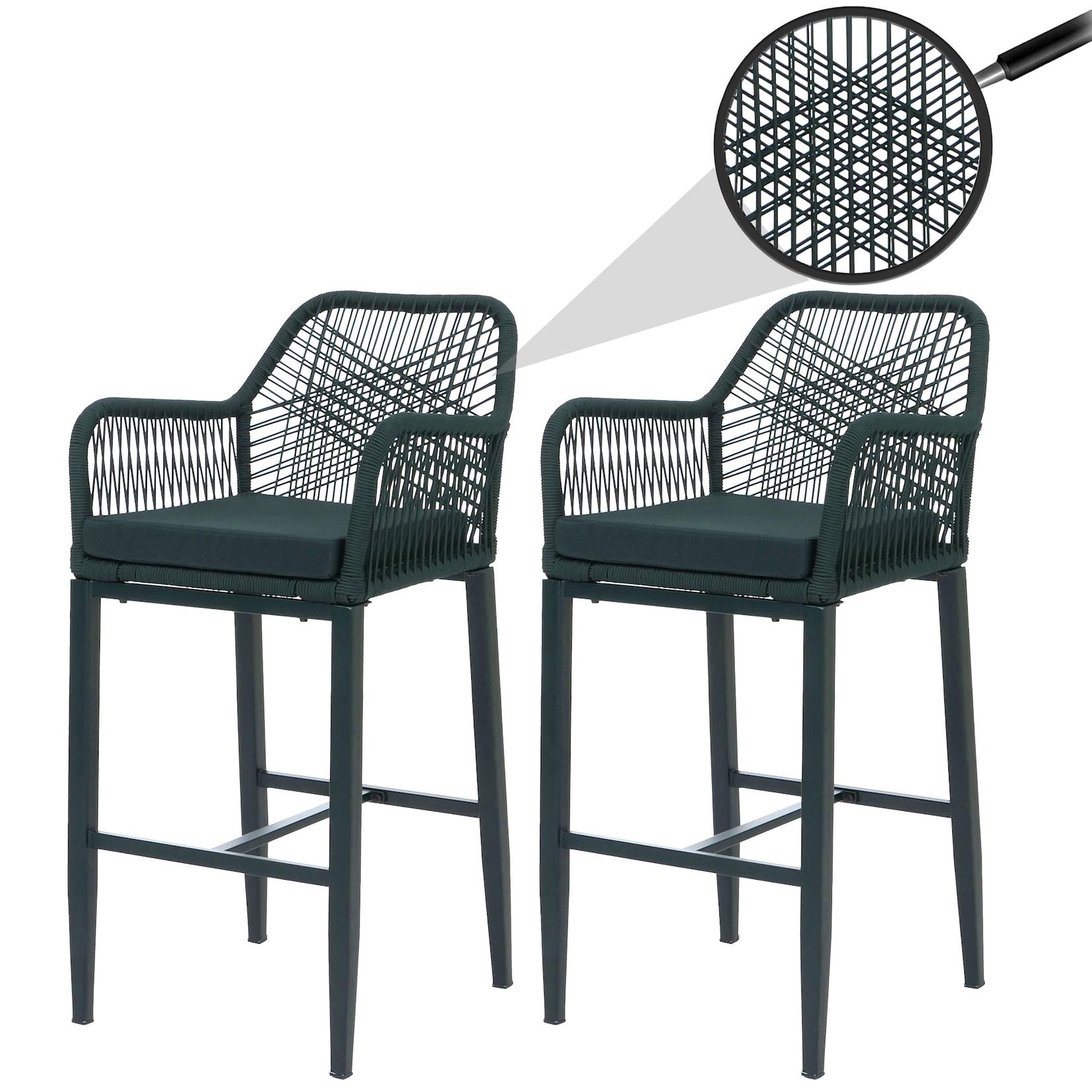 2er-Set Rope-Barhocker MCW-P91, Barstuhl Tresenhocker, Outdoor Sitzpolster Seilgeflecht Metall ~ grün