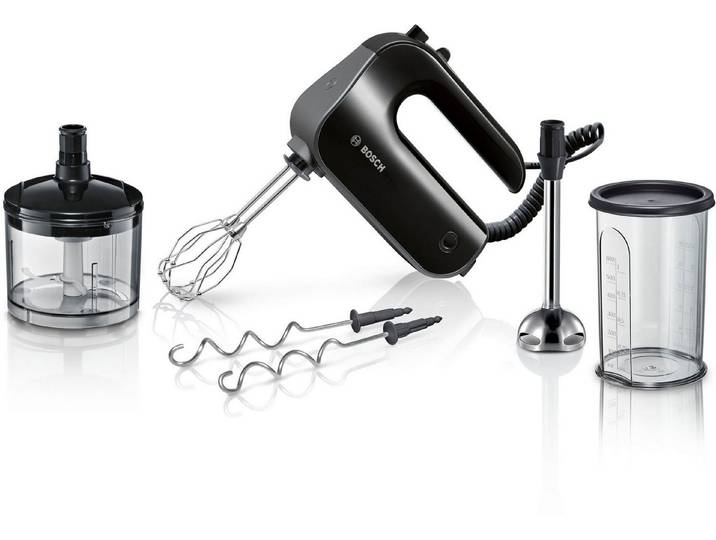 BOSCH Handmixer Home Professional MFQ4980B, Edelstahl Besen/Knethaken, Mixfuß, schwarz, 850 W, Spiralkabel, 5 Stufen, Turbostufe, Zerkleinerer, Mixbecher, Made in EU