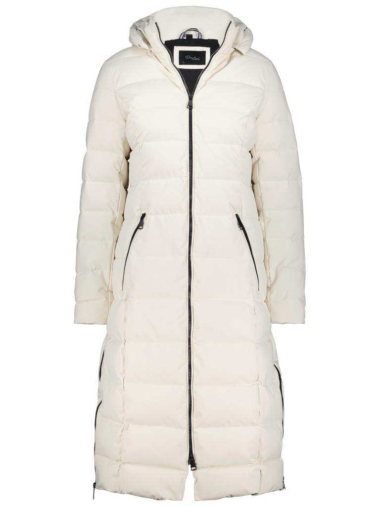 Nebelbraune lange Daunenjacke - Reinweiß
