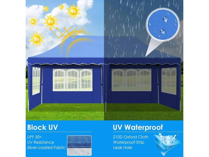Gazébo Pop-Up avec 4 côtés, chapiteau, tente de fête étanche, utilisation par tous les temps, jardin, extérieur, commercial, 3m x 6m