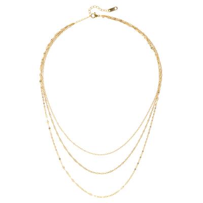 Collier LASCANA "3- reihige Halskette", Damen, Gr. Edelstahl, L: 55, blau (vergoldet), glänzend, Halsketten Collier, Hochwertige und zarte Kette mit Goldbeschichtung