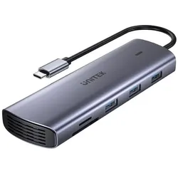 Unitek Hub 9in1 USB C Gigabit Ethernet HDMI VGA 3x USB A PD Kartenleser 100W (USB-C, 9 Ports), Dockingstation + USB Hub, Silber