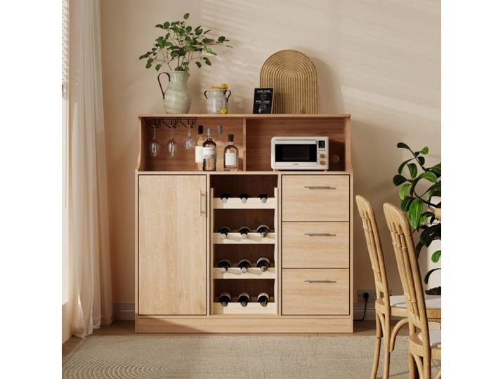 Buffet haut 120x40x121 cm avec range-bouteilles porte-verres LED et prise intégrée en MDF aspect bois JOINERY