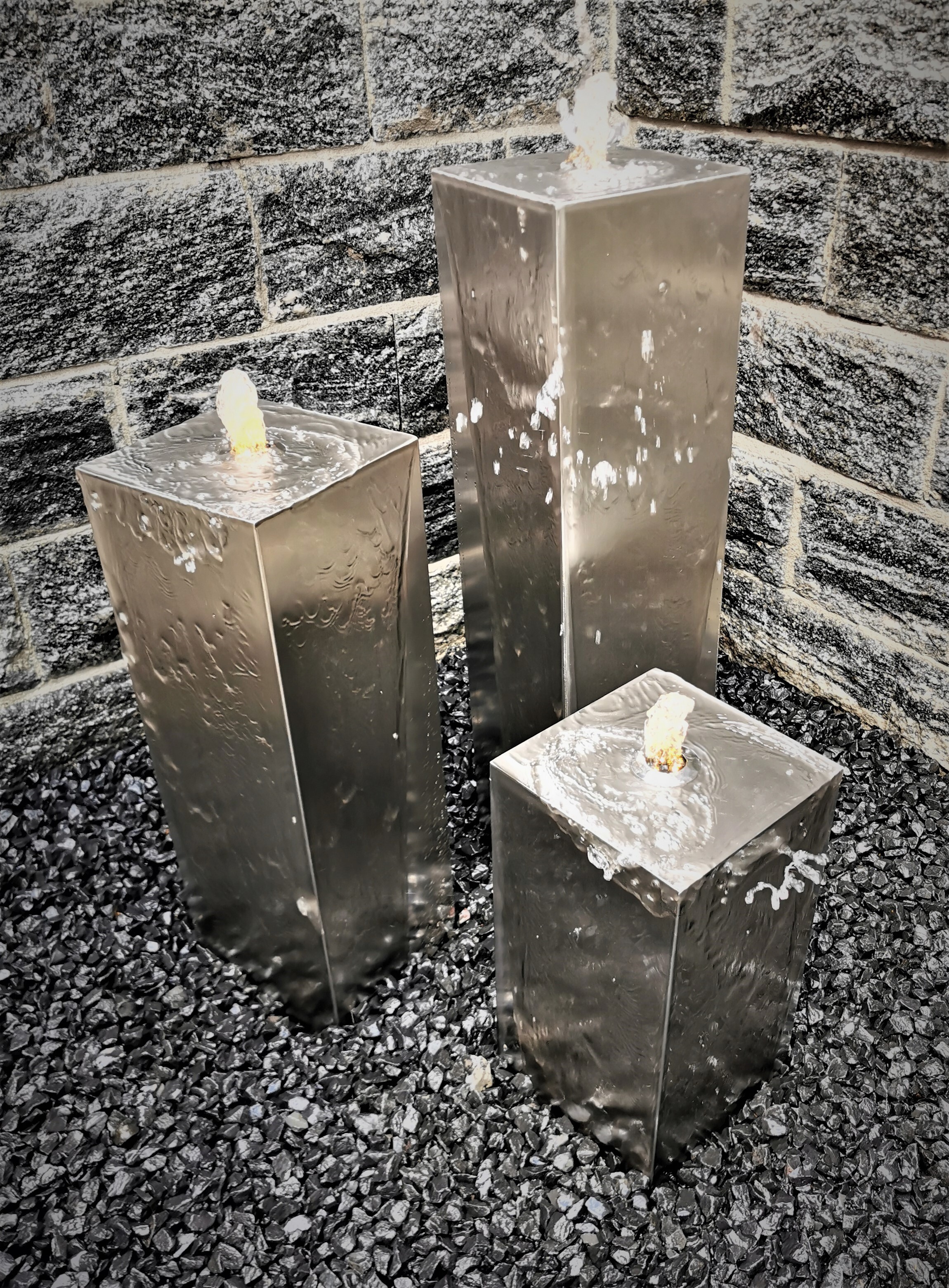 Säulenbrunnen Wasserspiel eckig 3er-Set Edelstahl 80/60/40 x20 cm Komplettset