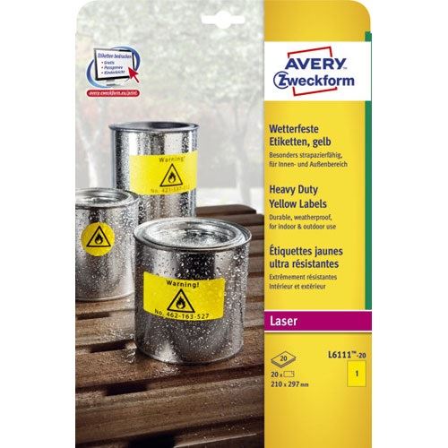 AVERY Zweckform 20 wetterfeste Folienetiketten L6111-20 gelb 210,0 x 197,0 mm