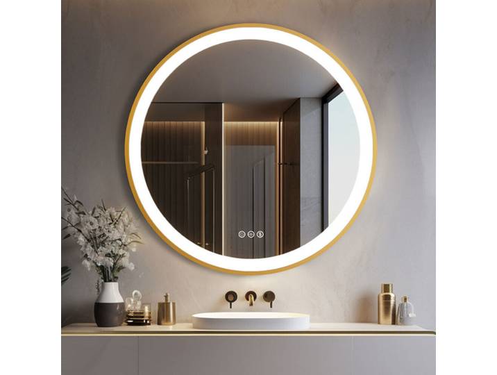HOMirror-Miroir Mural Rond Lumineux avec LED, Cadre localité en Aluminium, Anti-Buée, 3 Lampes, Fonction Mémoire, 60/80cm
