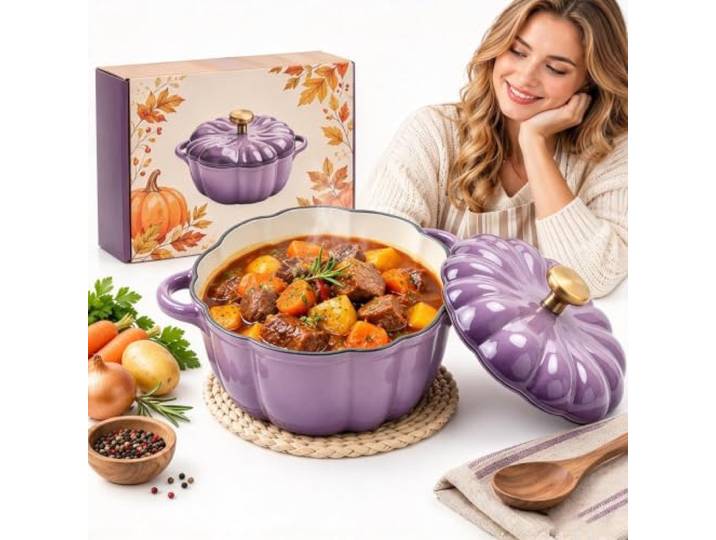 20cm Pumpkin Dutch Oven, Kochtopf Gusseisen, Auflaufform Gusseisen Kürbisform aus Gusseisen, Emaille, Deckel, alle Herdarten, gleichmäßige Hitze, Schmoren, Braten, Halloween-Deko(B)