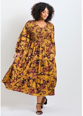 Plus Size Women's Indi Puff Sleeve Shirred Dress by Avenue in Symphony Scroll (Size 30/32)