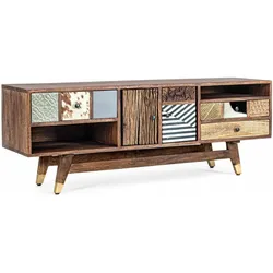 TV-Board aus Mangoholz, klassisches Design, naturfarben, 140 cm, goldene Akzente, Bizzotto