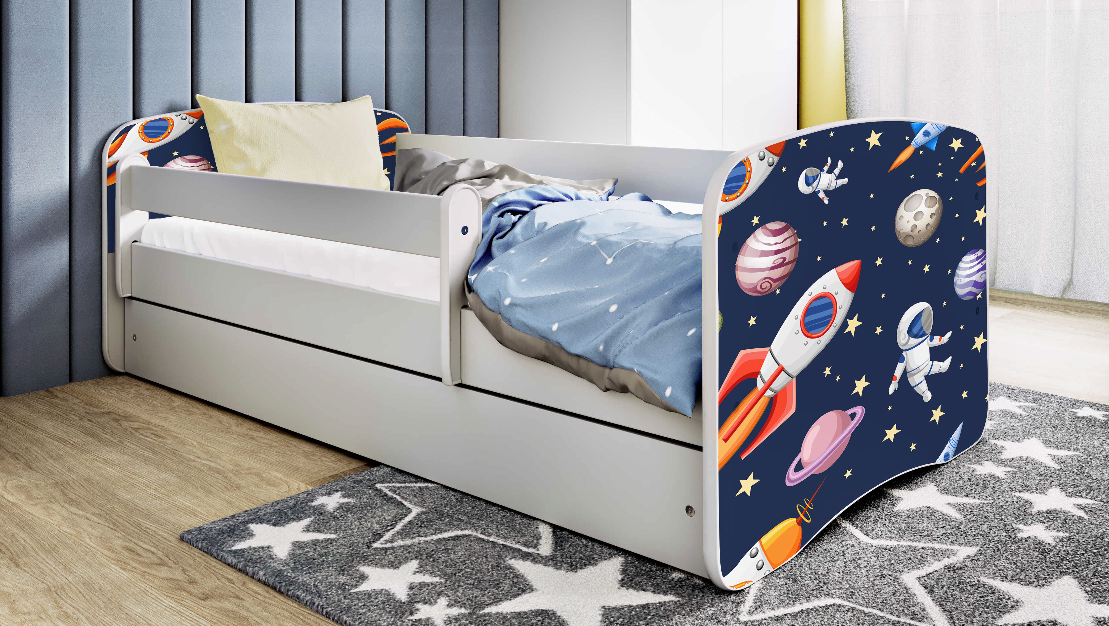 Kinderbett Jugendbett Kosmos 70x140, 80x160, 80x180 cm - Komplettset mit Schublade & Rausfallschutz