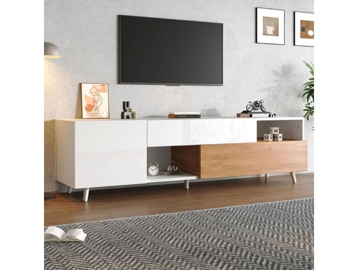 Meuble TV - TRUXEN8 - 180x38x50cm - Brillant - Rangement multiple - Bois naturel et blanc