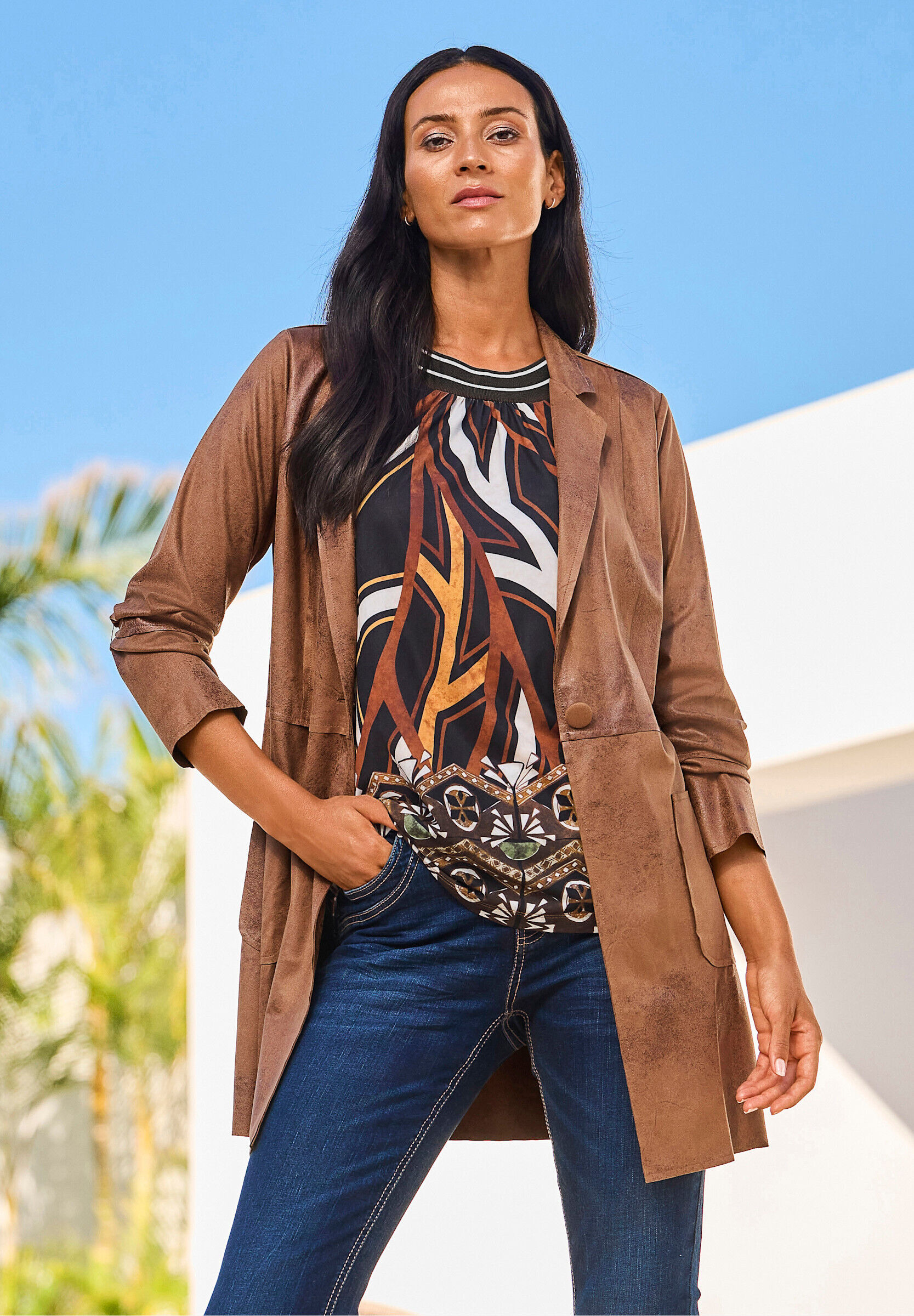 Lederimitat-Blazer HEINE "Blazerjacke Blazer", Damen, Gr. 48, braun (cognac), Lederoptik (PU beschichtet), , Modisch, Blazer Lederimitat-Blazer