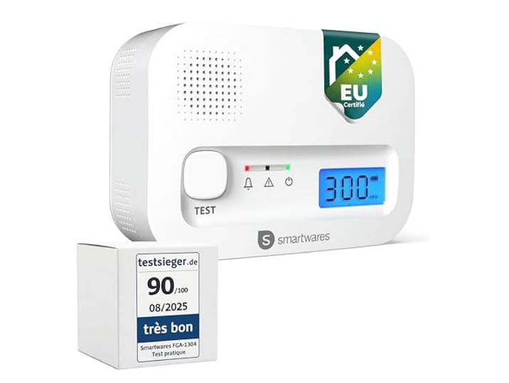 Smartwares Détecteur de monoxyde de Carbone FGA-13041 - Capteur 10 Ans - avec écran et Bouton de Test