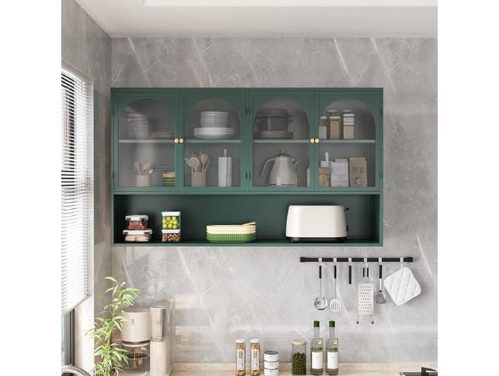 Switdo Wandschrank Grau Glas Dunkelgrün Rahmen 120CM Wohnküche Vier-Tür-Galerieschrank mit Glasablage und Metallrahmen