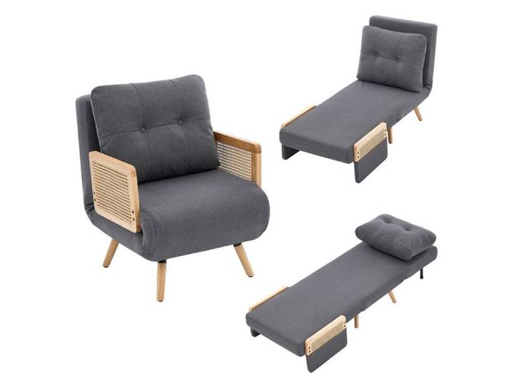 Fauteuil 3-en-1 convertible lit gris rembourré dossier réglable à 5 positions avec accoudoirs rotin détente multifonction