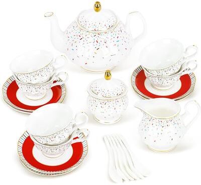 KitchenNation Elegant Porcelain Tea Sets For Adults Floral Tea Cups Set Of 6 With Sugar Bowl & Creamer colorful Candy