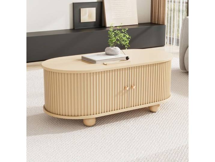 Table basse ovale - Zephmum - rangement portes coulissantes bois