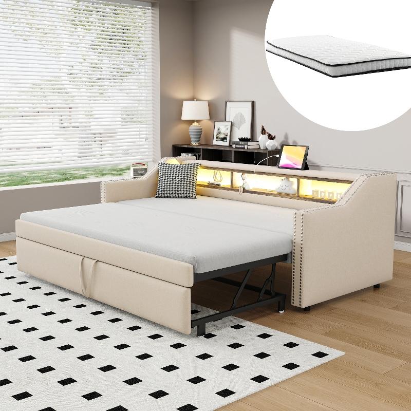 Schlafsofa 90x190cm ausziehbar auf 180x190cm, Polsterbett mit Lattenrost, LED-Licht, USB-Buchse, Ablagefächern und zwei Federkernmatratzen
