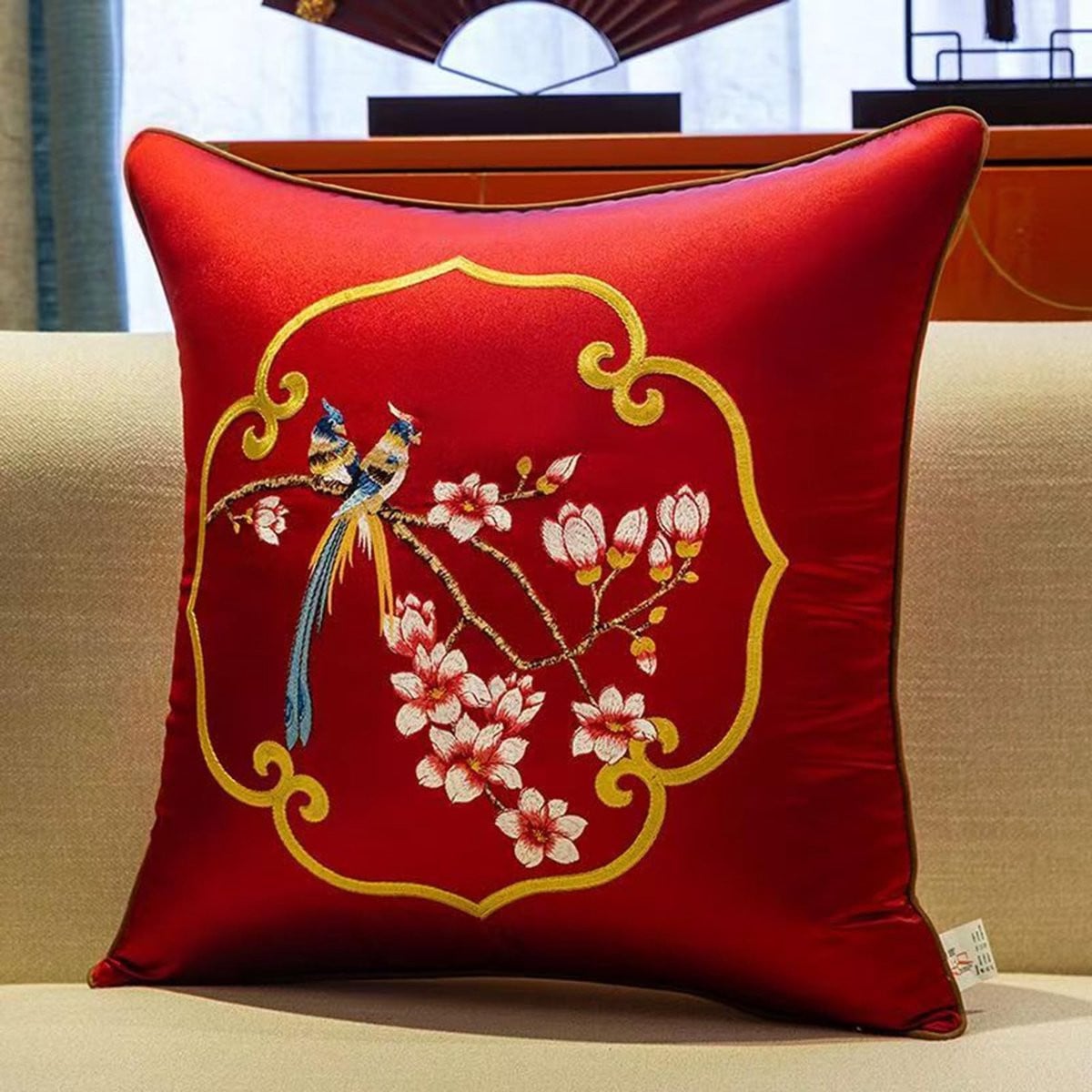 Set van 2 decoratieve kussenhoezen met vogelborduurwerk