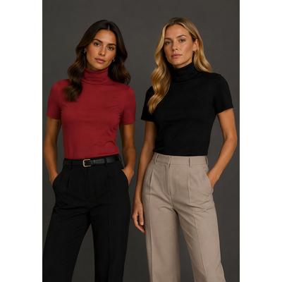 Rollkragenshirt FLASHLIGHTS, Damen, Gr. 52/54, rot (ziegelrot, schwarz), Rippware, Obermaterial: 100% Baumwolle, unifarben, Basic, figurbetont, abgesteppt, Shirts, eng geschnitten, aus Baumwolle, Kurzarm
