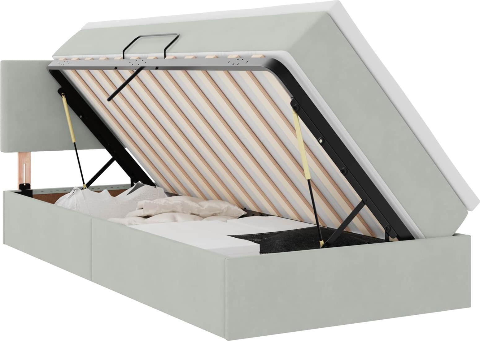 Speicherbett mit Gaslift, Samt Hellgrau, 100x200 cm, verstellbares Kopfteil, LED-Beleuchtung, Taschenfederkernmatratze, Stauraum, 1 Person
