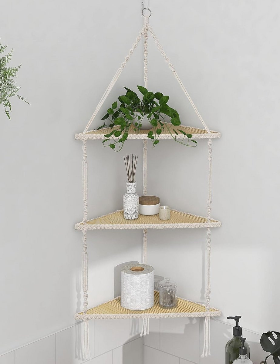 Hangende Hoekplank Hout - 3 Laags Boho Wandplank voor volwassenen