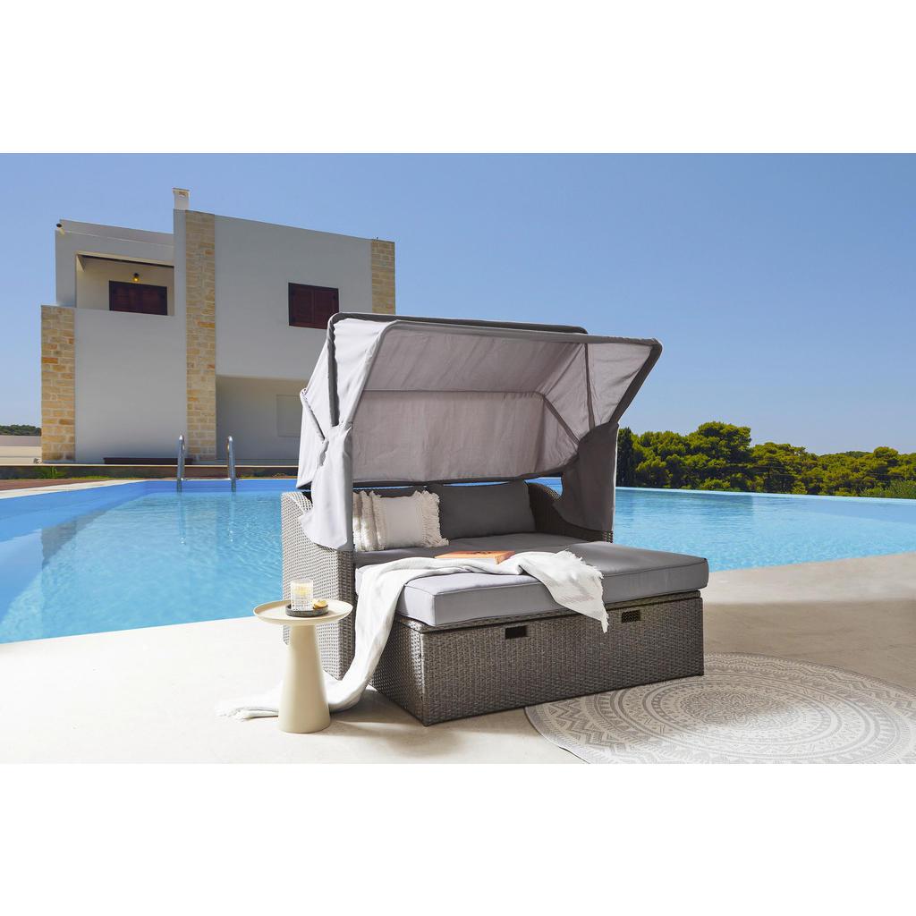 Ambia Garden Gartenmuschel , Grau , Metall, Kunststoff, Textil , Füllung: Schaumstoff , 146x74x144 cm , verstellbares Dach, ausziehbarer Hocker , Gartenmöbel, Loungemöbel, Sonneninsel