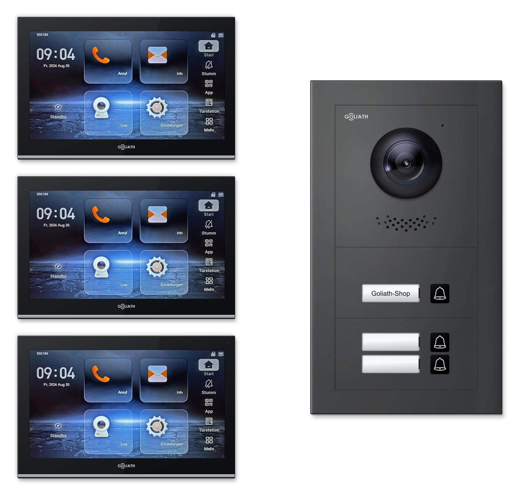 Goliath IP-Video-Türsprechanlage GL-IPH300M für 3 Familien : 10 Zoll Schwarz : Anthrazit : Unterputzdose Monitor Farbe: 10 Zoll Schwarz Montage: Unterputzdose Türklingel Farbe: Anthrazit