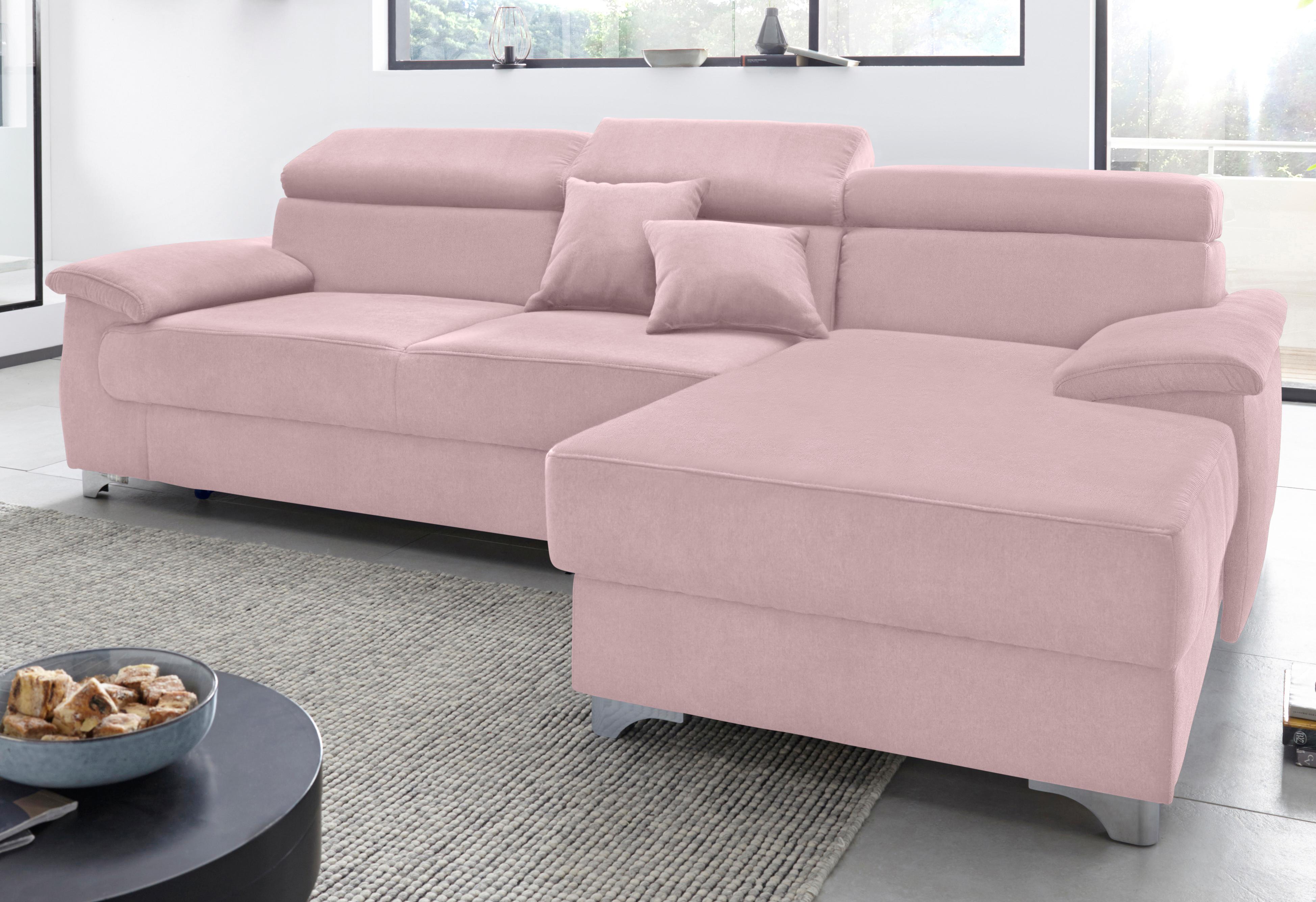 Ecksofa DOMO COLLECTION "Mira, inklusive Kopfteilverstellung für mehr Wohlfühlkomfort, L-Form", rosa (flamingo), B:271cm H:78cm T:167cm, Zierkissen: Entsprechend jeweiligem Bezug.;Struktur (100% Polyester);Struktur fein (100% Polyester);Luxus-Microfaser (