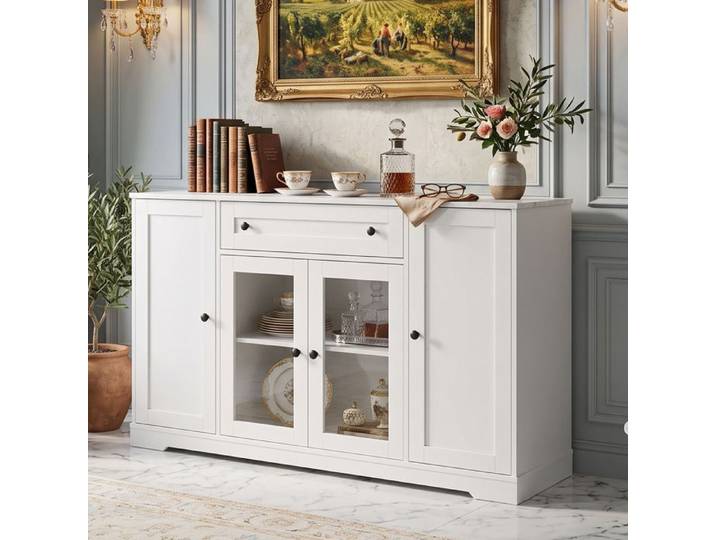 Buffet Enfilade 138x40x83cm Grand Rangement 4 Portes dont 2 Vitrées