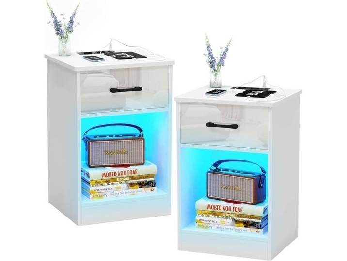 Table de chevet LED DHHOZAMZ - Lot de 2 - Blanc - Prises et Ports USB