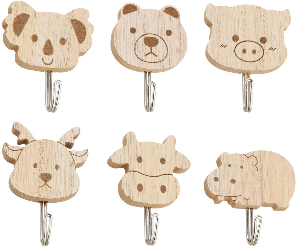 Dailygoods Wandhaken voor kinderen - 6 stuks - Dieren decoratie - Kleefhaken voor badkamer en keuken