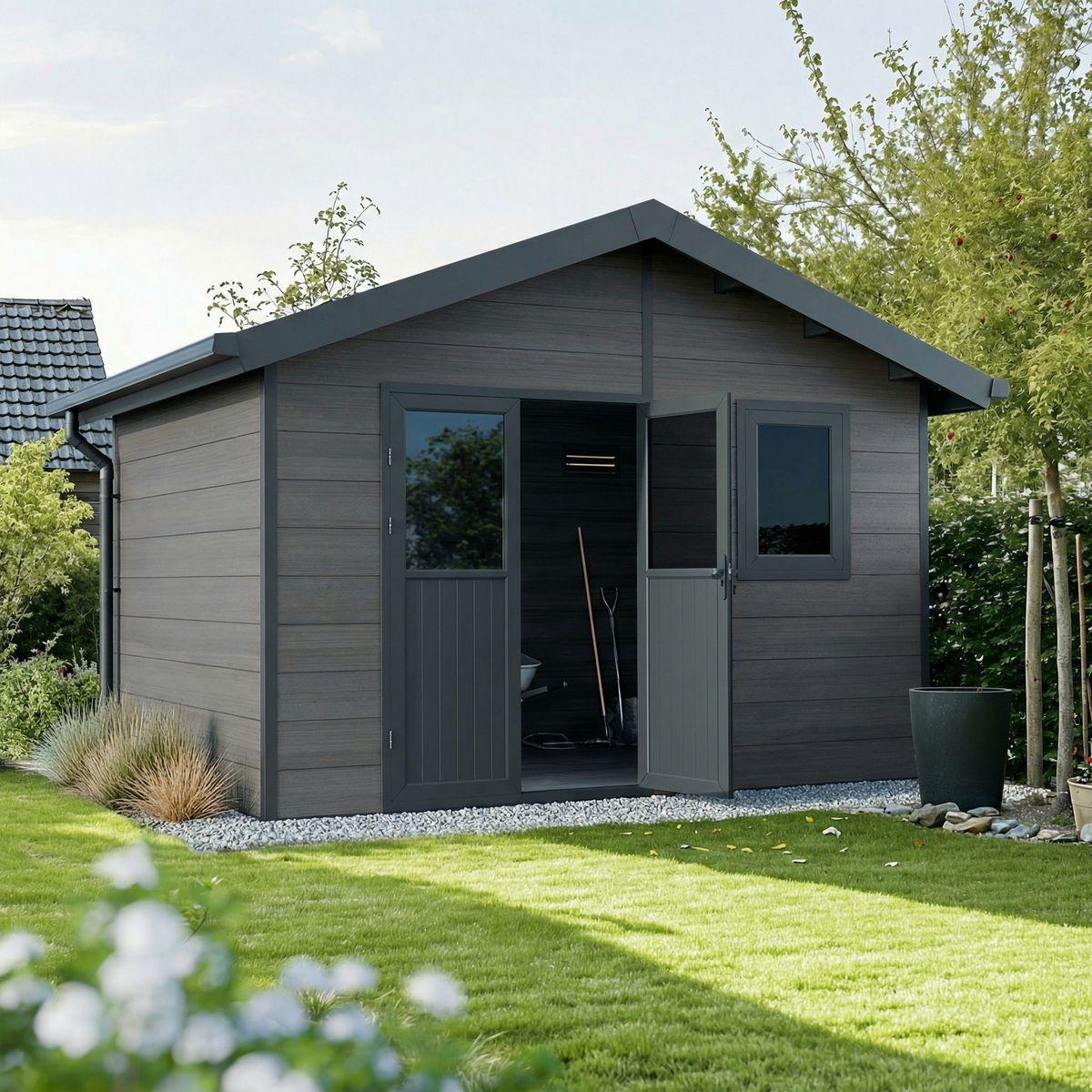 WPC-Gartenhaus ISORA- 12 m², Grau - Dielenstärke: 28 mm - Werkstattkabine/FahrradGerätehaus - Aluminium-Tischlerei