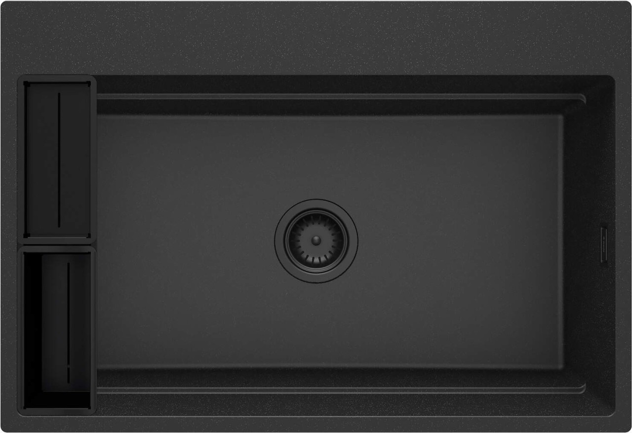 Neuesbad 1-Becken Granitspüle 760x520x220, 3, 5"", Graphit metallic, mit Raumsparsiphon Schwarz Click NB1DEZRMG10B1