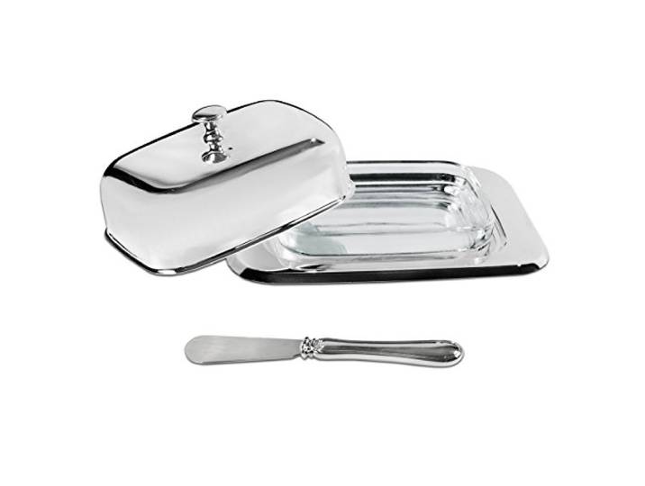 SILBERKANNE Butterdose mit Messer Versilbert 18cm – 4-tlg. Set Premium Silver Plated – Edle Butterglocke für die Frühstückstafel