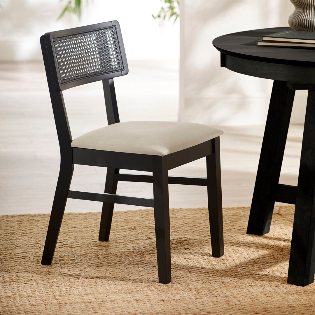 Rosalind Wheeler Elnathan Natural Fabric Rattan Back Dining Chairs Black 81.5cm H X 47cm W X 50cm D