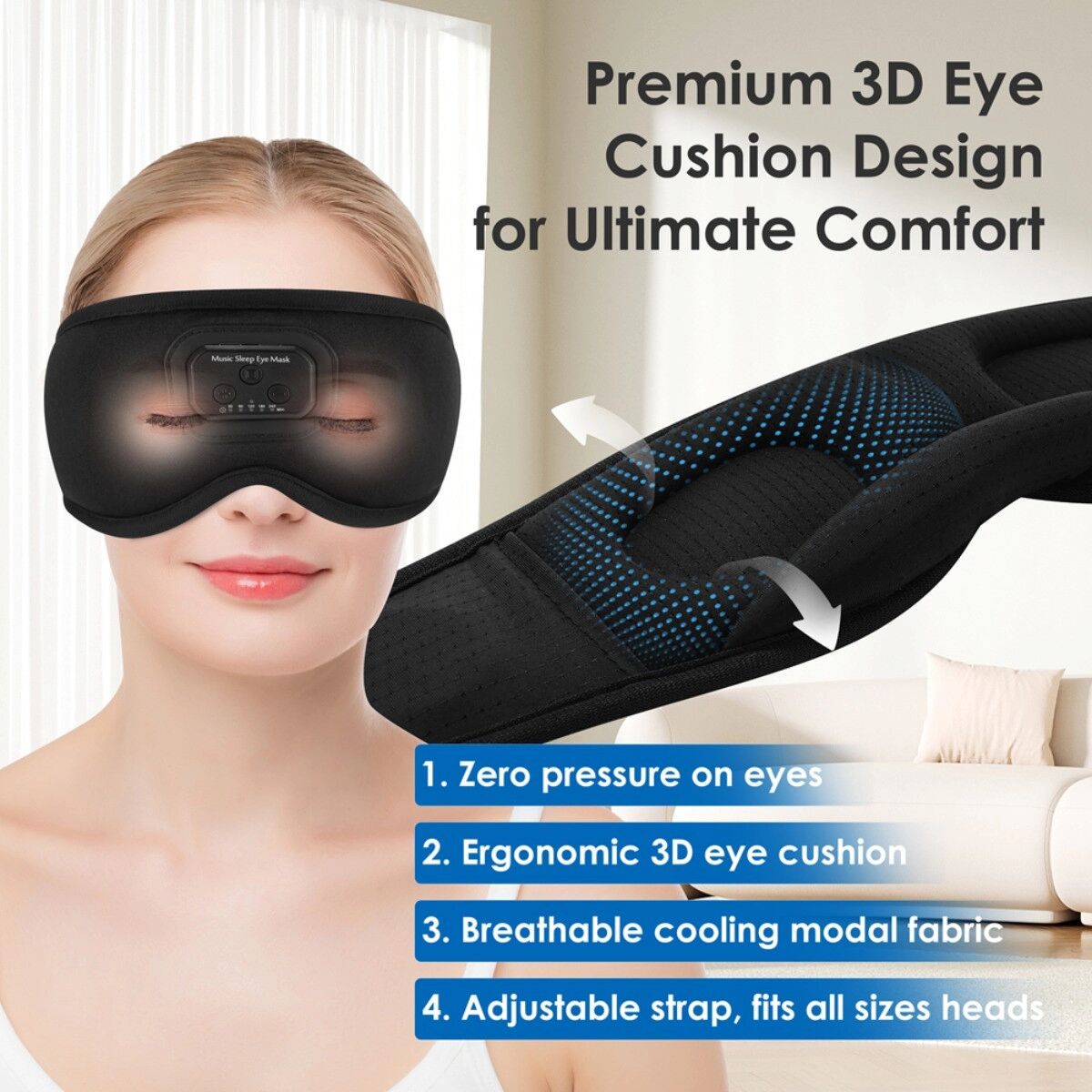 INF Masque de sommeil musical Bluetooth 3D, tissu en soie glacée rafraîchissant, obscurité complète 100% et écouteurs