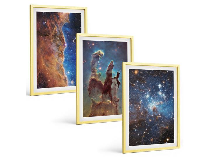 BILDER SET 3er Set - 40x60 cm Goldrahmen - Weltraumlandschaften von Galaxien