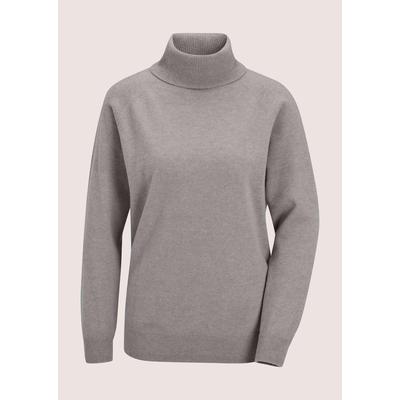 Rollkragenpullover MADELEINE "Kaschmirpullover Rollkragenpullover mit Rippstrick-Details", Damen, Gr. 40/42, grau (steingrau, melange), Obermaterial: 100% Kaschmir WS., Modern, gerade, Rollkragen, Pullover Rollkragenpullover, Aus Good-Cashmere