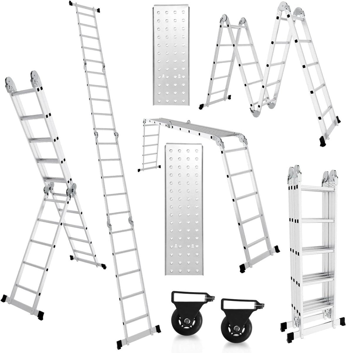 Multifunctionele inklapbare vouwladder met wielen en werkplatform, 582 cm, zilver