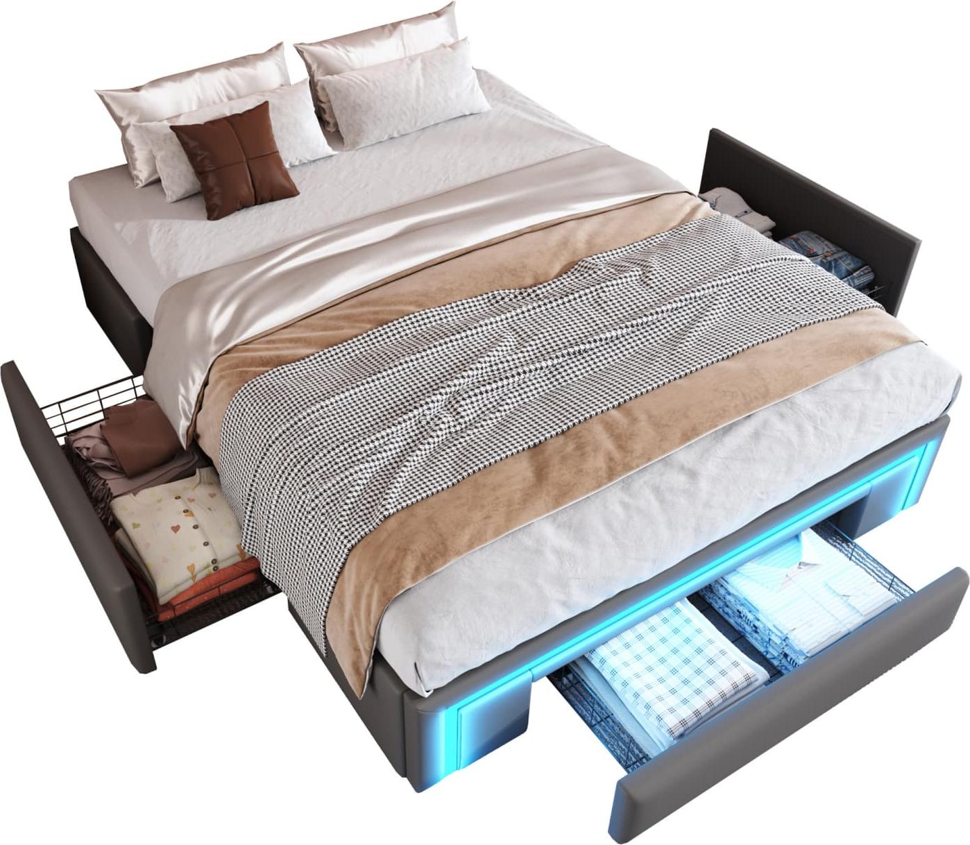 Bettgestell 140X200 mit Schubladen, PolyurethanBett ohne Kopfteil Mit LED-Lichtleiste, Metalllatten Plattformbett für moderne Schlafzimmer