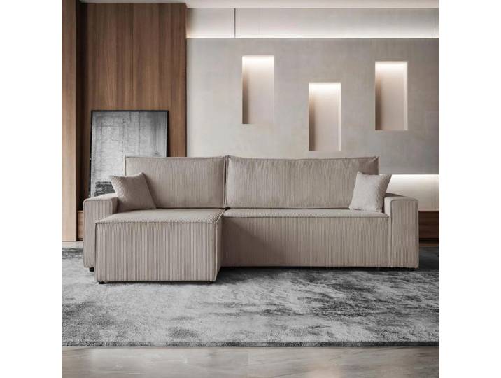 Ecksofa HEKTOR L-Form mit Schlaffunktion und Bettkasten, Couch in Dunkelbeige, Ottomane 70 cm