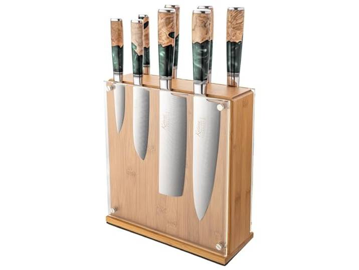 Katana Saya Elements 9-teiliges Messerblock-Set, Regenwaldgrün – VG-10-Damaststahl mit hohem Kohlenstoffgehalt für extreme Robustheit und Schärfe – Griff aus natürlichem Olivenholz und Harz