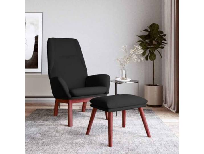 Relaxsessel mit Hocker Schwarz Stoff Atmungsaktiver Stoff, Kautschukholzbeine, Metallgestell, Fußablage, kompakte Größe, einfache Montage
