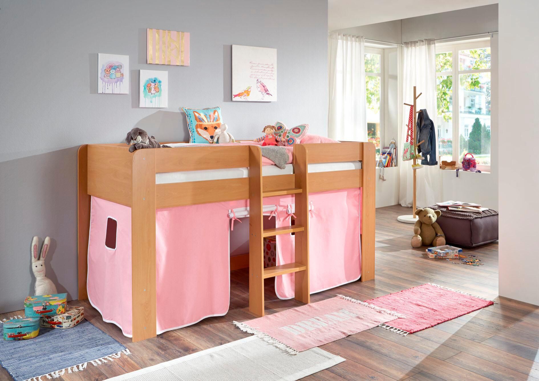 Hochbett RELITA "Andi", rosa (buche dekor natur rosa, weiß), Liegefläche B/L: 90cm x 200cm, kein Härtegrad, kein Härtegrad, Spanplatte: Buche Nachbildung Melamin natur;Stoff: 100% Baumwolle (bei 30 C waschbar), Hochbetten, Hochbett, mit Rolllattenrost und