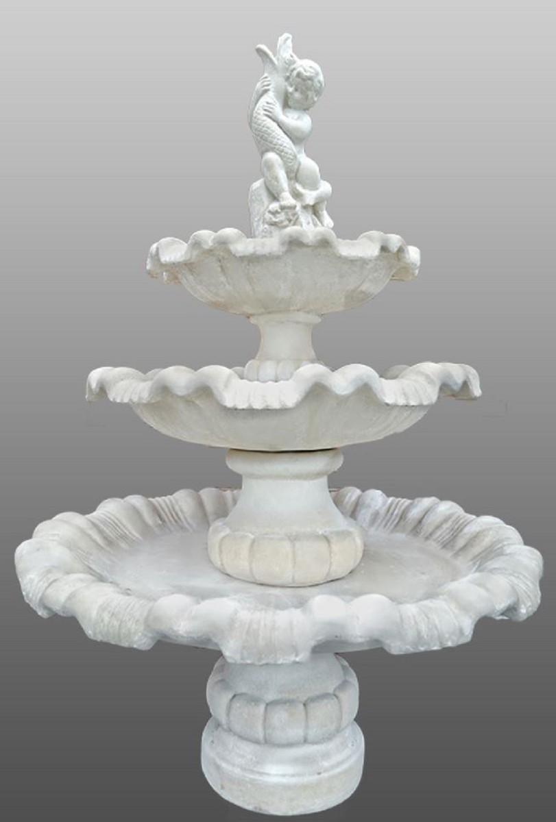 Casa Padrino Barock Gartenbrunnen Junge mit Fisch Weiß Ø 130 x H. 186 cm - 3 Stufiger Springbrunnen - Gartenbrunnen